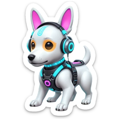 cute cyberpunk dog, futuristic headset, neon harness, glowing cyber implants, street punk vibe, 3D cartoon, mobile game icon style, clean background, no text, no watermark
 sticker