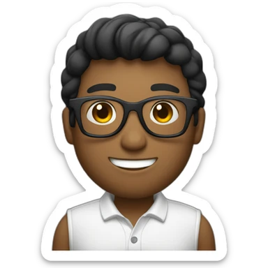 un chico con pelo negro con lentes negros y sonriendo que lleve un polo blanco y una chauqeta de color negro  sticker