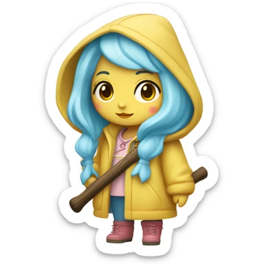 Cute little girl with light blue hair with peach skin, with yellow raincoat hooded with boots holding a wooden staff, with a cross necklace, Sanrio design sticker