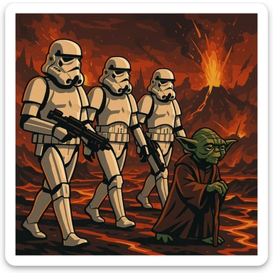 vector art of a Starwars stormtroopers is walking on lava planet with yoda, battleground background 
 sticker