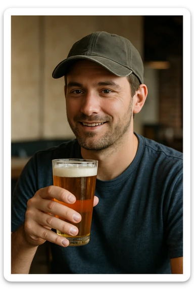 A man wearing a baseball cap holding a glass of beer sticker