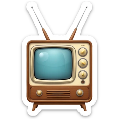 Vintage television from the 1960s with wooden cabinet, antenna, and round dials sticker