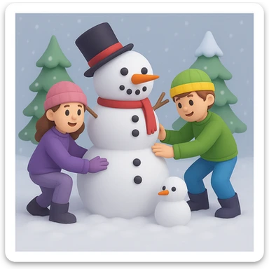 Show two different kids (different hair and clothing colors) building a snowman in a snowy background, keep the 3D emoji style sticker
