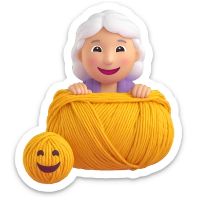 3D smiley emoji, round shape, grandmother with yarn, pink color, smiling face sticker