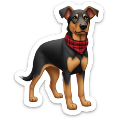 75% Coonhound 25% German Shepherd mix dog wearing small pointed red buffalo plaid bandana pointing down side view full body facing left sticker