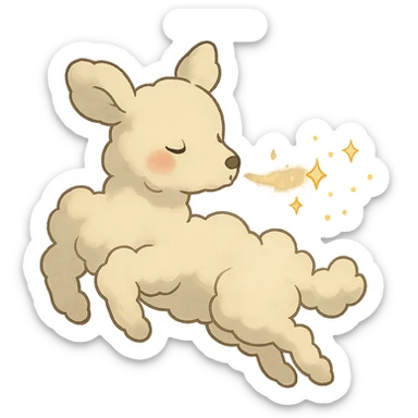 vanilla-colored cloud doe, floating with rosy cheeks and blowing sparkles, ghibli style sticker