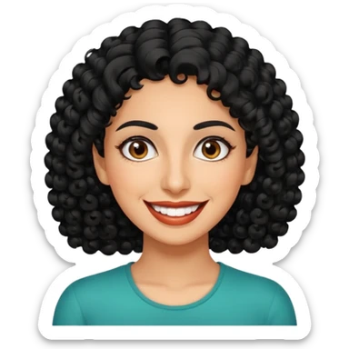 30 year old iranian woman very short curly black hair, big brown eyes, tanned skin, big smile, white teeth, pretty, stylish sticker