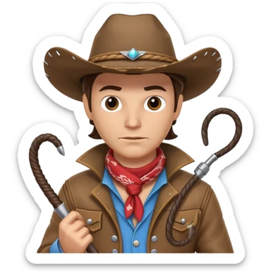 cowboy with a whip portrait, head and shoulders only, cowboy hat, bandana, western jacket collar, whip coiled over shoulder, confident expression, 3D cartoon, mobile game icon style, clean background, no text, no watermark
 sticker
