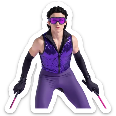 male athlete with white skin and moderately curly black hair on top with shaved sides, wearing ski goggles with purple frames and very dark black lenses, a simple plain black chain necklace, and a completely unzipped sleeveless vest with purple and black sequin fire pattern design, fully revealing his chest, shoulders and arms, no earrings sticker