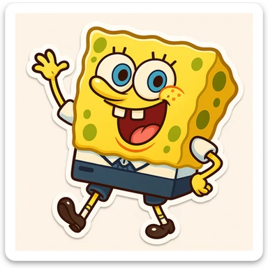 Create an emoji character inspired by Spongebob Squarepants, capturing the cheerful expression and playful pose from the reference photo. Use bright colors and a cartoon style that is playful and friendly, with a Spongebob-like vibe, suitable for chibi stickers style. sticker