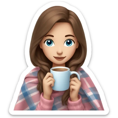 cute brown hair girl with blue eyes wrapped in pastel pink plaid blanket drinking coffee sticker
