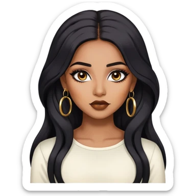 indian girl, brown skin, long black voluminous hair, brown underneath colored hair, baddie,pretty, makeup, lipliner, black eyeliner, gold hoop earrings, white top sticker