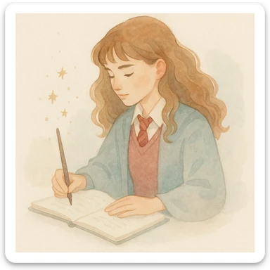 Hermione Granger writing in a notebook, watercolor illustration, soft colors, gentle lighting, magical sparkles sticker