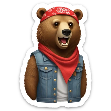 grizzly bear wearing sleeveless jean jacket and red bandana around head with open mouth sticker