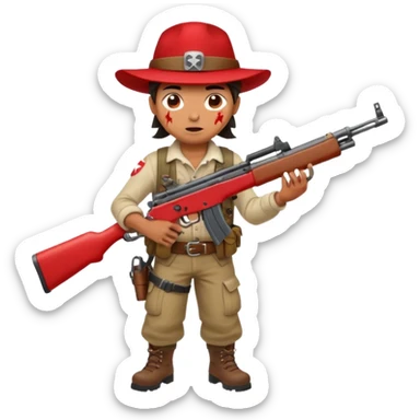Yodeling mountain climber in Switzerland with a machine gun pointing to the right, full body. in the style of your bleeding skull art make him look like the price is right game sticker