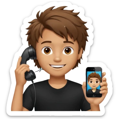 generate a pretty tan bratz boy with brown messy hair smiling while talking on call. Wearing a black tshirt sticker