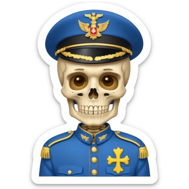 generate a very realistic skeleton in Ukrainian blue and yellow military uniform sticker