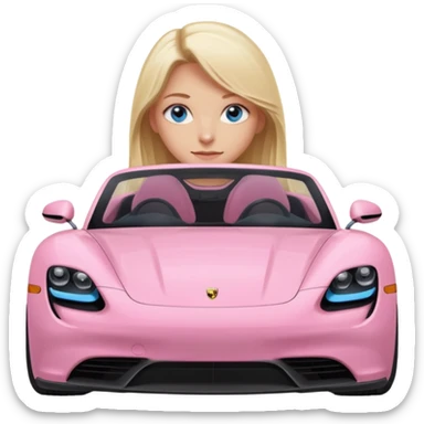 pink Porsche taycan with blonde girl, long hair, blue eyes, sitting in the car, front view point of view, no sunglasses sticker