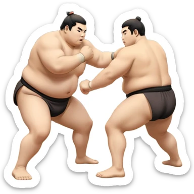 Two sumo wrestlers in a classic dohyo ring, each displaying powerful stances and ready to engage in a fierce match. One wrestler attempts a pushing attack, while the other counters with a thrust. The background shows the traditional sumo arena and spectators. Transparent background. sticker