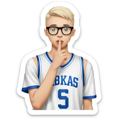 a man with glasses holding his finger to his lips, techwear fashion, at a fashion shoot, white: 0.5, fornite, wearing nba jersey, censored, maxim sukharev, official vuitton editorial, skinny caucasian young man, secrets, editorial photo, discord profile picture, swat sticker