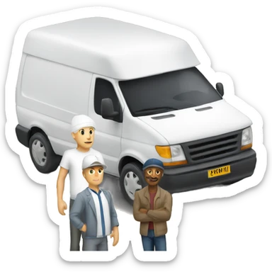 a white van and a man with white cap standing next of it sticker