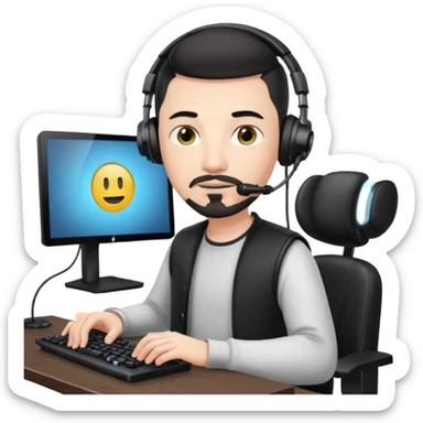 a setup of a youtuber, white skin, thin goatee, black short hair, with a desktop pc on a table, a gaming chair, microphone, white ring light sticker