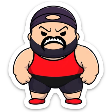 White skin fat guy with black durag, black beard, black eyes in a red and black wrestling singlet with angry face sticker