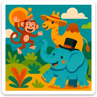 Make the monkey, camel, and elephant each wear a different fun hat in the group scene, keeping the vibrant cartoon style. sticker