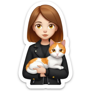 Light-skinned girl with brown straight hair wearing a black jacket, holding one pure white cat with bright yellow eyes and one calico cat with orange black and white patches sticker