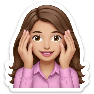girl with wavy long brown hair, brown eyes, light to medium complexion, long lashes, light pink lipstick, wearing light pink shirt, smiling, hands covering both eyes sticker