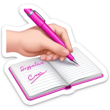 a hand writing a signature with a pink pen in a notebook sticker