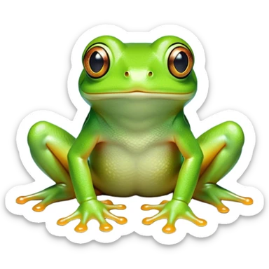 Cinematic Cute Green Tree Frog Portrait Emoji, Head tilted playfully and inquisitively, featuring a charmingly compact form with vivid green, slightly textured skin, prominent sticky toe pads, and round, sparkling eyes full of playful wonder, Simplified yet irresistibly adorable features, highly detailed, glowing with a warm, inviting jungle glow, high shine, affectionate and lively, stylized with a touch of tropical whimsy, soft glowing outline, capturing the essence of a mischievous yet loving frog that seems as if it could hop out of the screen into your arms! sticker