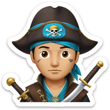 Kazakh pirate wearing traditional Kazakh hat and clothes with an eye patch and a pirate sword sticker