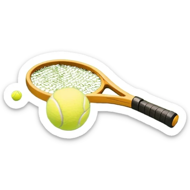 A tennis racket and ball placed on the grass court, with the lines of the court clearly visible in the background. The scene captures the essence of the sport, highlighting the equipment and the vibrant, open atmosphere of a tennis match sticker