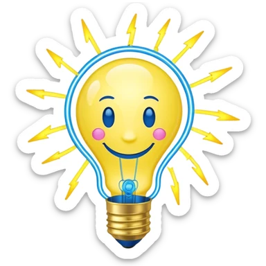 neon yellow lightbulb emoji with smiling face, rotating atom inside, chemical bubbles, electric blue lightning bolt on top, colors #FFD700, #00BFFF, #FF69B4, conveying youthful creativity and science sticker