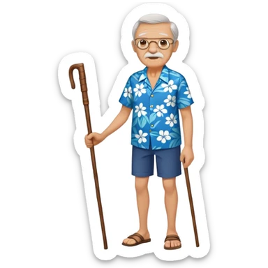 old man with hawai blue floweral shirt  full body with stick sticker