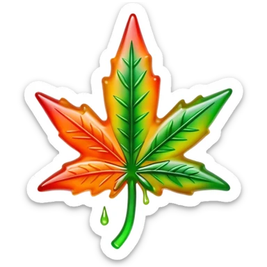 bright colorful gusher gummy shaped like a marijuana leaf with visible liquid center and liquid dripping sticker