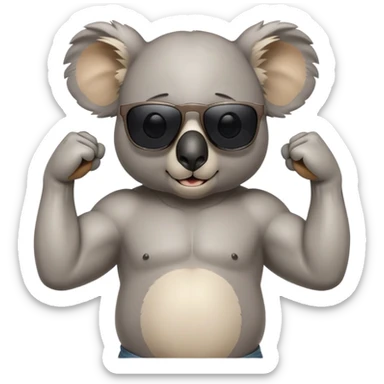 anthropomorphised koala in casual clothing, wearing dark sunglasses, flexing muscles sticker
