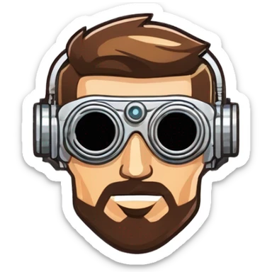 male cyborg head with brown short hair, brown beard, silver steampunk goggles and circuits sticker