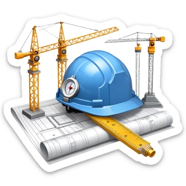 An icon featuring blueprints, a compass, and a construction helmet, symbolizing architecture and construction. The design includes building structures, cranes, and a ruler, representing the design and creation of buildings and urban planning. Transparent background. sticker