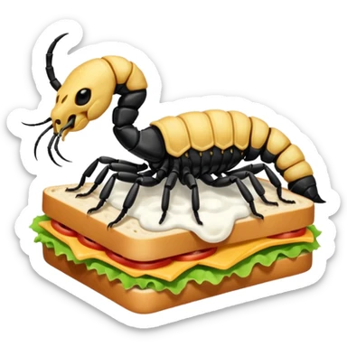 MAKE A SCORPION ON TOP OF A EHITE FLUFFY CLOUD THAT IS HOLDING A SANDWICH IN ITS CLAW AND LOOKING LIKE ITS EATING IT AND ITS NOT ON TOP OF THE SANDWICH ITS HOLDING IT AND NO SANDWICH UNDER ITS FEET sticker