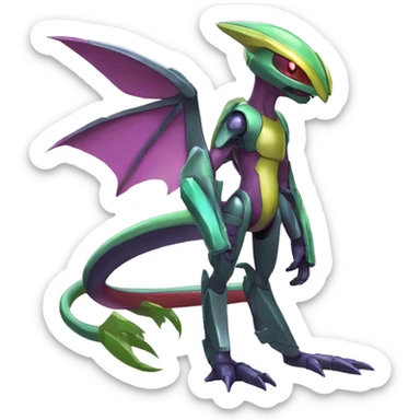 a shiny Genesect-Flygon-Raptor-Fakémon—hybrid with a futuristic visor-helmet full body sticker