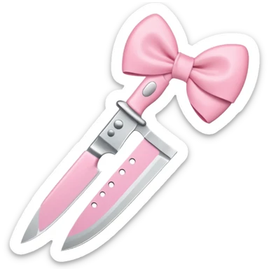 Cute emoji style illustration of a kitchen knife with a pink bow tied directly around the handle of the knife, not floating, not separate, kawaii style, rounded shapes, pastel colors, friendly look, flat vector design, white or transparent background, simple emoji icon sticker