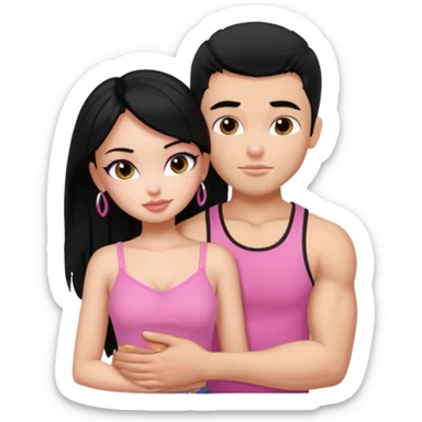 a pretty bratz fair girl. black hair, wearing a pink cami top, she is hugging a handsome fair guy with black hair. lean but muscular.the boy is wearing a black tshirt sticker