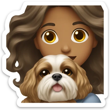 Young dark brunette medium kin hair woman with a golden shih tzu in her arms long wavy hair sticker