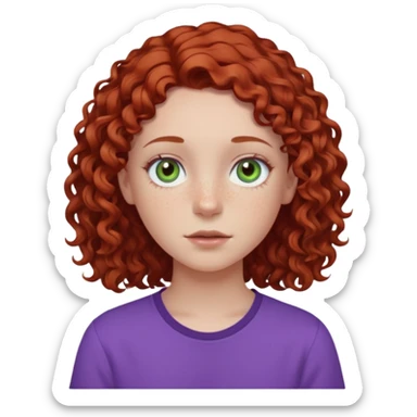 pale white teen girl with light blueish green eyes and freckles with brownish red curly middle part hair and purple shirt sticker