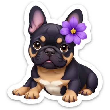 Black and tan French bulldog with purple flower in her ear  sticker