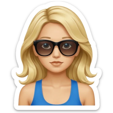 an olive tan woman with long, wavy blonde hair in a blue tank top wearing black Prada sunglasses sticker