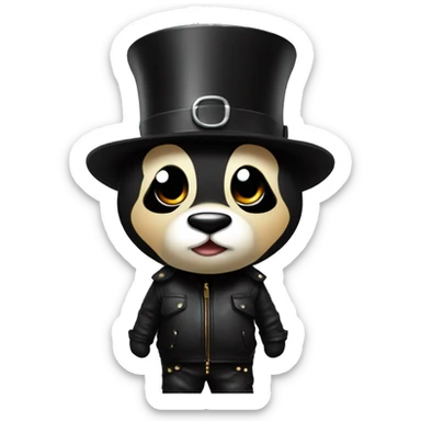 A panda with a top hat in a black leather jacket fashionable pants color Very dark so black and sports shoes of different colors sticker