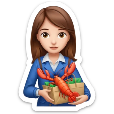 Cute girl brown hair at airport holding gift bag with lobster inside sticker